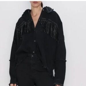 Zara Fringe Rhinestone Black Denim Jacket